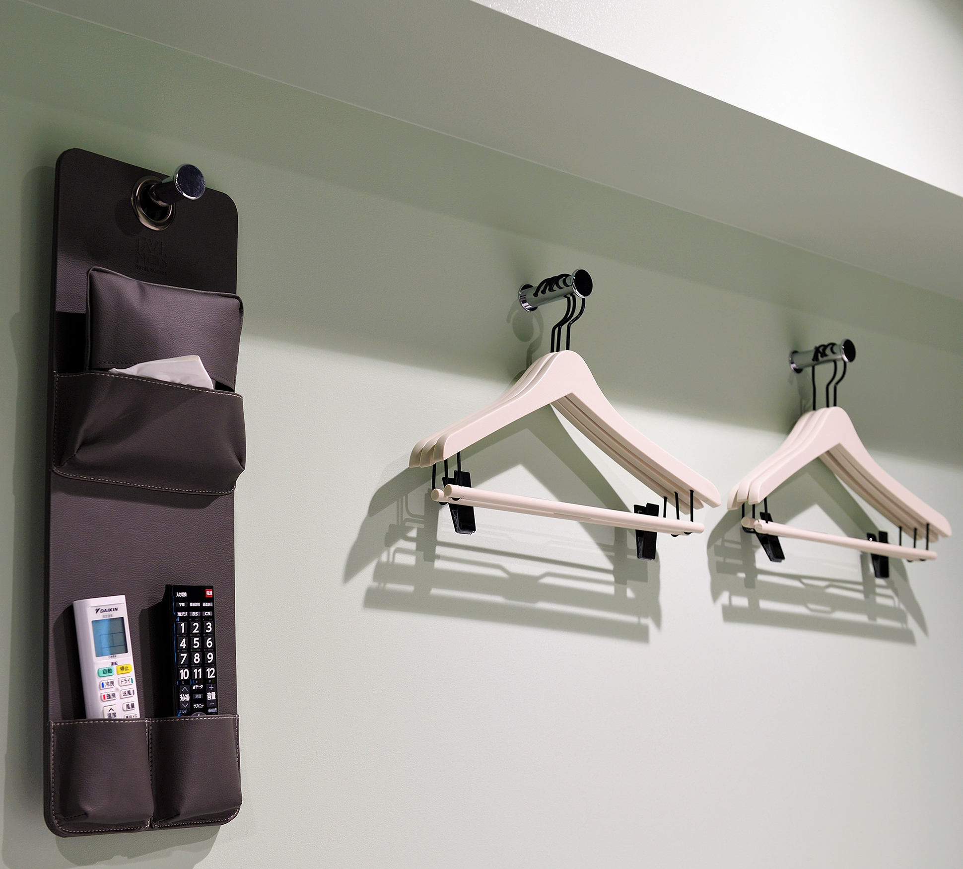 The room has clothes hangers.